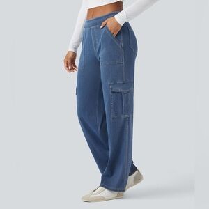 Wide Leg Cargo Denim Pants - Blue